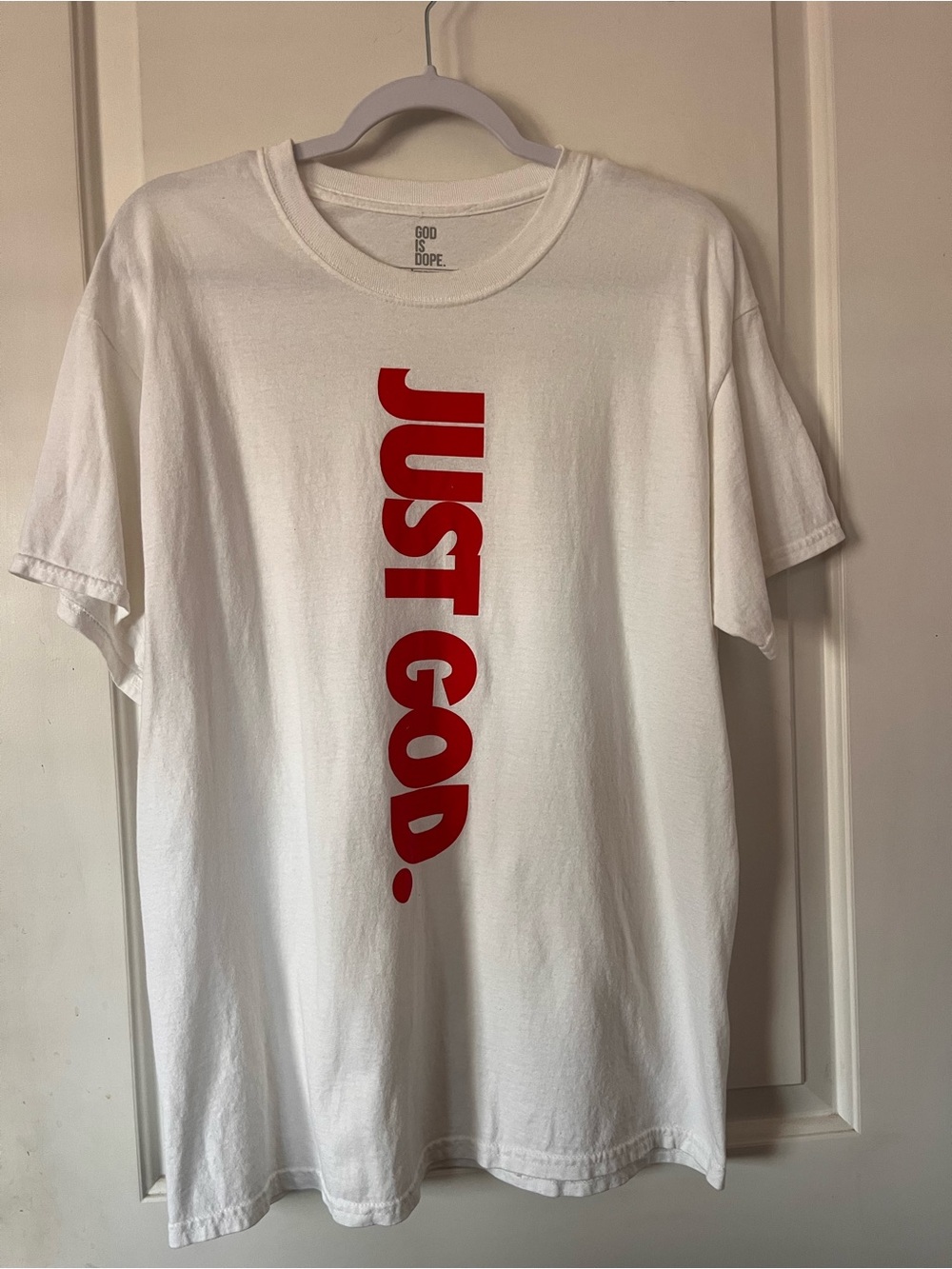 Just God Vertical Logo T-Shirt - White with Red Print
